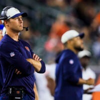 Aug 22, 2026; Cincinnati, Ohio, USA; Chicago Bears head coach Ben Johnson stands on the sidelines during the second half in the game against the Cincinnati Bengals at Paycor Stadium.