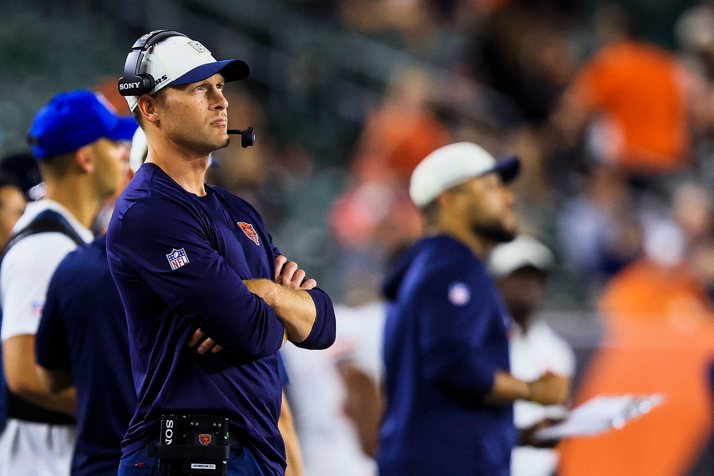Aug 22, 2026; Cincinnati, Ohio, USA; Chicago Bears head coach Ben Johnson stands on the sidelines during the second half in the game against the Cincinnati Bengals at Paycor Stadium.