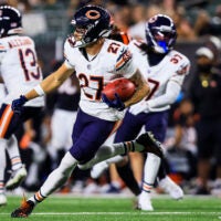 Aug 22, 2026; Cincinnati, Ohio, USA; Chicago Bears wide receiver Kaden Davis (27) runs with the ball against the Cincinnati Bengals in the second half at Paycor Stadium.