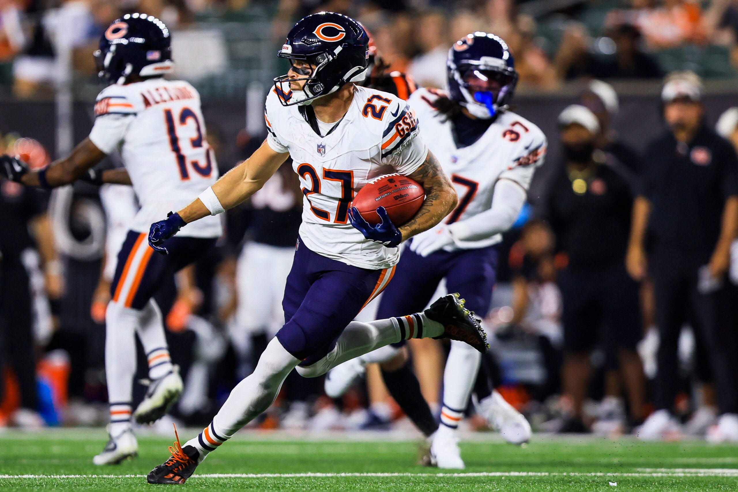 Aug 22, 2026; Cincinnati, Ohio, USA; Chicago Bears wide receiver Kaden Davis (27) runs with the ball against the Cincinnati Bengals in the second half at Paycor Stadium.