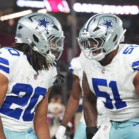Aug 22, 2026; Glendale, Arizona, USA; Dallas Cowboys running back Malik Davis (20) celebrates his touchdown with Dallas Cowboys guard Nick Leverett (51) against the Arizona Cardinals during the first half at State Farm Stadium.