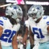 Aug 22, 2026; Glendale, Arizona, USA; Dallas Cowboys running back Malik Davis (20) celebrates his touchdown with Dallas Cowboys guard Nick Leverett (51) against the Arizona Cardinals during the first half at State Farm Stadium.