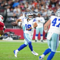 Aug 22, 2026; Glendale, Arizona, USA; Dallas Cowboys quarterback Sam Howell (16) passes against the Arizona Cardinals during the second half at State Farm Stadium.
