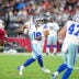 Aug 22, 2026; Glendale, Arizona, USA; Dallas Cowboys quarterback Sam Howell (16) passes against the Arizona Cardinals during the second half at State Farm Stadium.