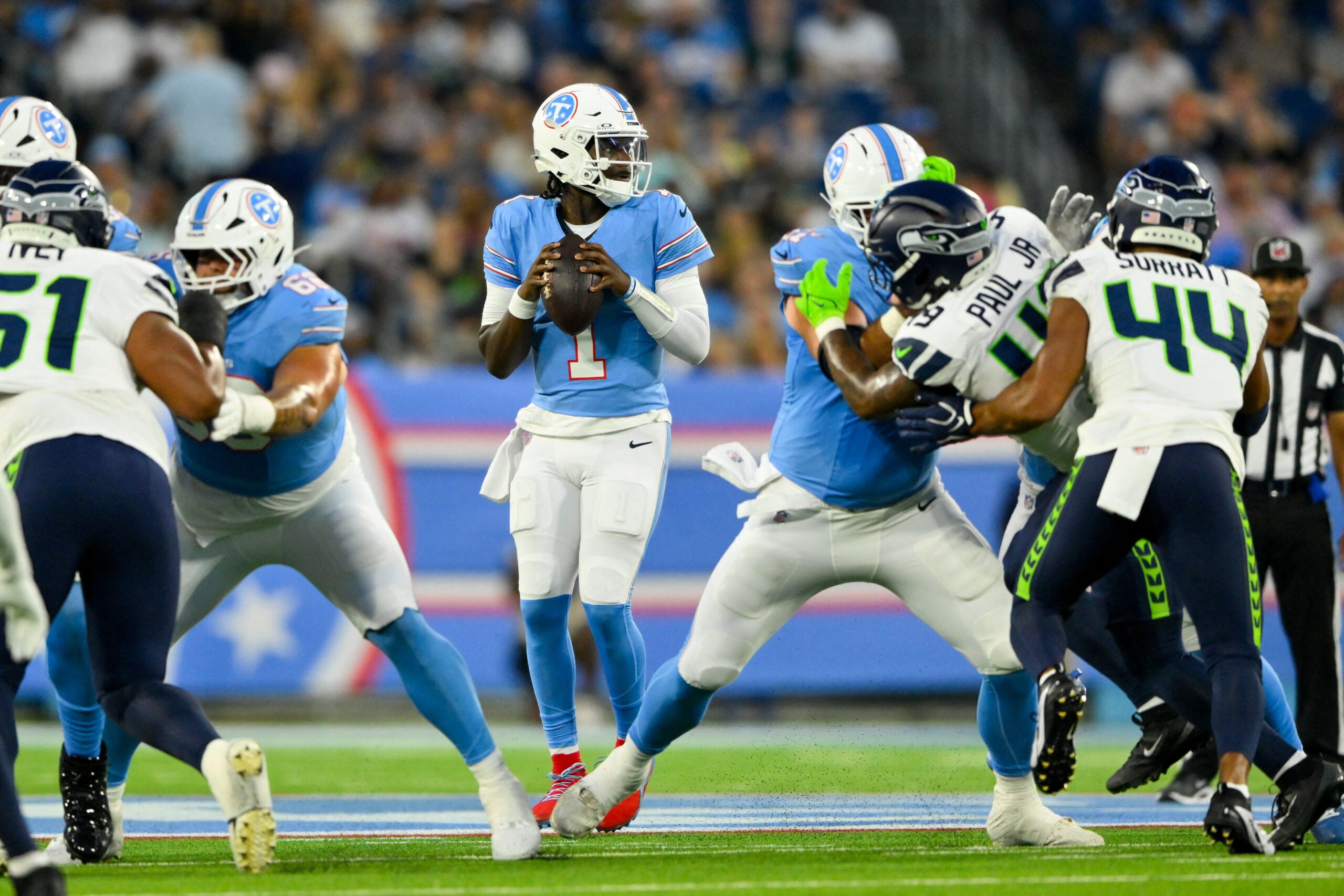 Cam Ward showed some improvement, but the rest of the Titans starters didn't.