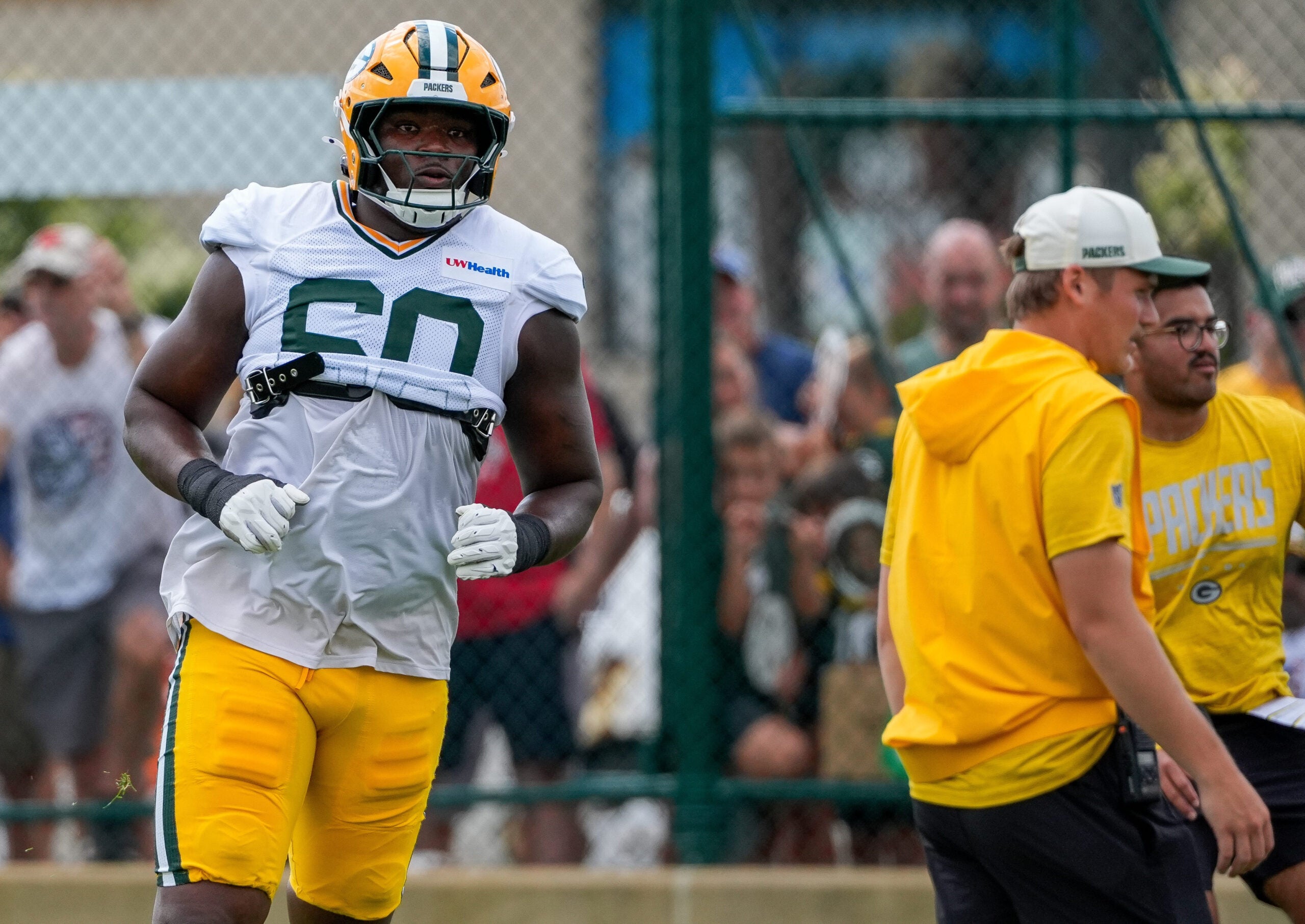 Green Bay Packers defensive lineman Anthony Campbell (60) runs through a drill during a joint practice with the Arizona Cardinals on Wednesday, Aug. 26, 2026, at Ray Nitschke Field in Ashwaubenon, Wisconsin.