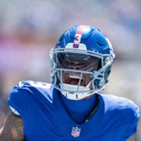 New York Giants wide receiver Odell Beckham Jr. (3) reacts during a preseason opening game between the New York Giants and Minnesota Vikings on Saturday, Aug. 15, 2026, at MetLife Stadium in East Rutherford, NJ.