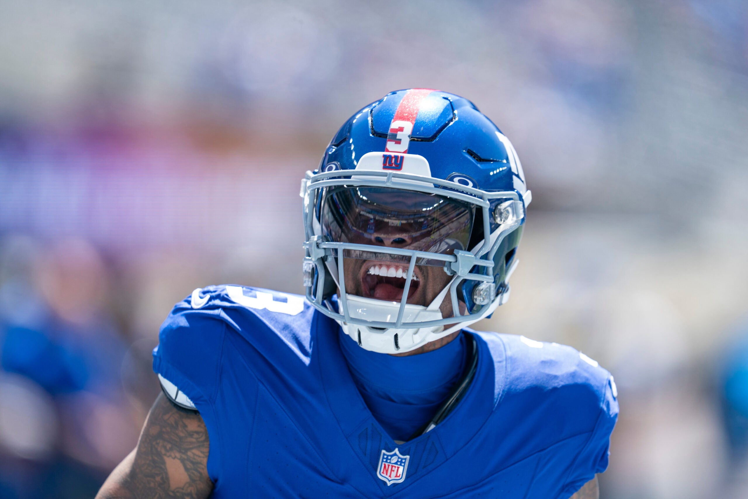 New York Giants wide receiver Odell Beckham Jr. (3) reacts during a preseason opening game between the New York Giants and Minnesota Vikings on Saturday, Aug. 15, 2026, at MetLife Stadium in East Rutherford, NJ.
