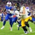Aug 27, 2026; Orchard Park, New York, USA; Buffalo Bills linebacker Keonta Jenkins (49) tackles Pittsburgh Steelers wide receiver Kaden Wetjen (10) during the second half at New Highmark Stadium.
