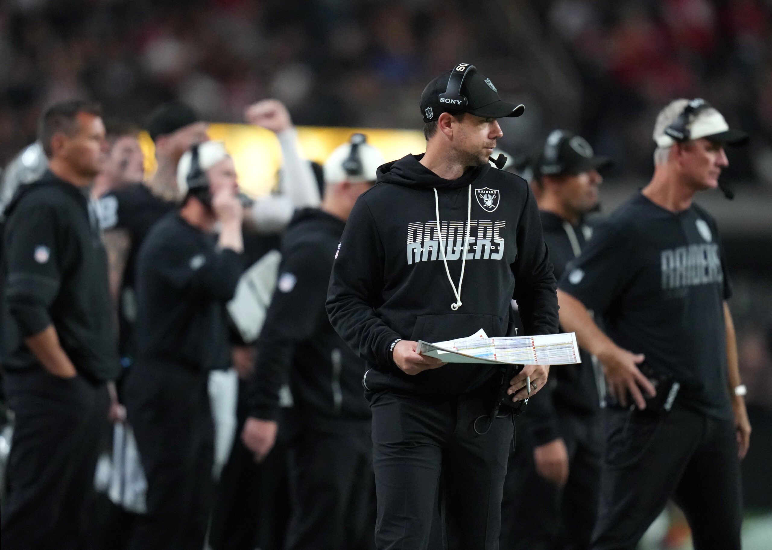 Las Vegas Raiders head coach Klint Kubiak rookie defensive end Keyron Crawford
