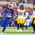 Aug 27, 2026; Orchard Park, New York, USA; Buffalo Bills running back Ian Wheeler (27) scores a touchdown against the Pittsburgh Steelers during the fourth quarter at New Highmark Stadium.