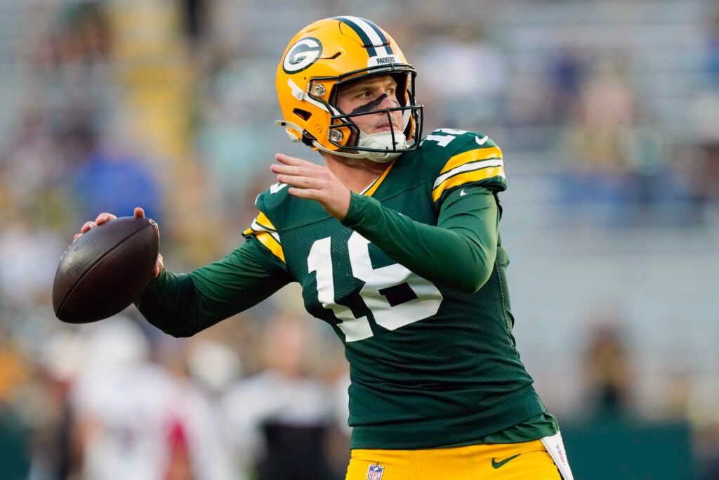 Aug 28, 2026; Green Bay, Wisconsin, USA; Green Bay Packers quarterback Kyle McCord (18) throws a pass during warmups prior to the game against the Arizona Cardinals at Lambeau Field.