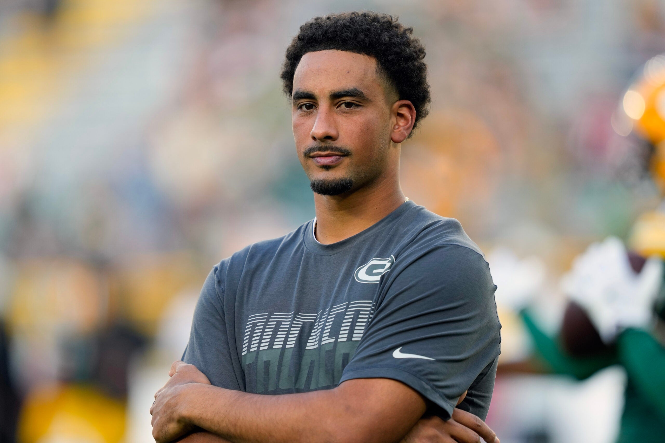 Aug 28, 2026; Green Bay, Wisconsin, USA; Green Bay Packers quarterback Jordan Love (10) looks on during warmups prior to the game against the Arizona Cardinals at Lambeau Field.