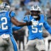 Aug 28, 2026; Charlotte, North Carolina, USA; Carolina Panthers linebacker Claudin Cherelus (53) celebrates with linebacker Trevin Wallace (32) after a play against the Houston Texans during the first half at Bank of America Stadium.