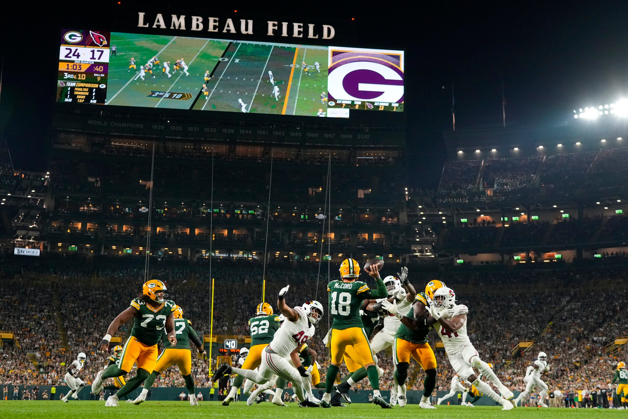 Aug 28, 2026; Green Bay, Wisconsin, USA; Green Bay Packers quarterback Kyle McCord (18) throws a pass during the second quarter against the Arizona Cardinals at Lambeau Field.