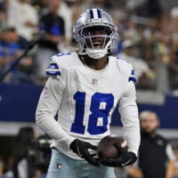 Aug 28, 2026; Arlington, Texas, USA; Dallas Cowboys wide receiver Jordan Hudson (18) celebrates after scoring a touchdown against the New Orleans Saints during the second half at AT&T Stadium.
