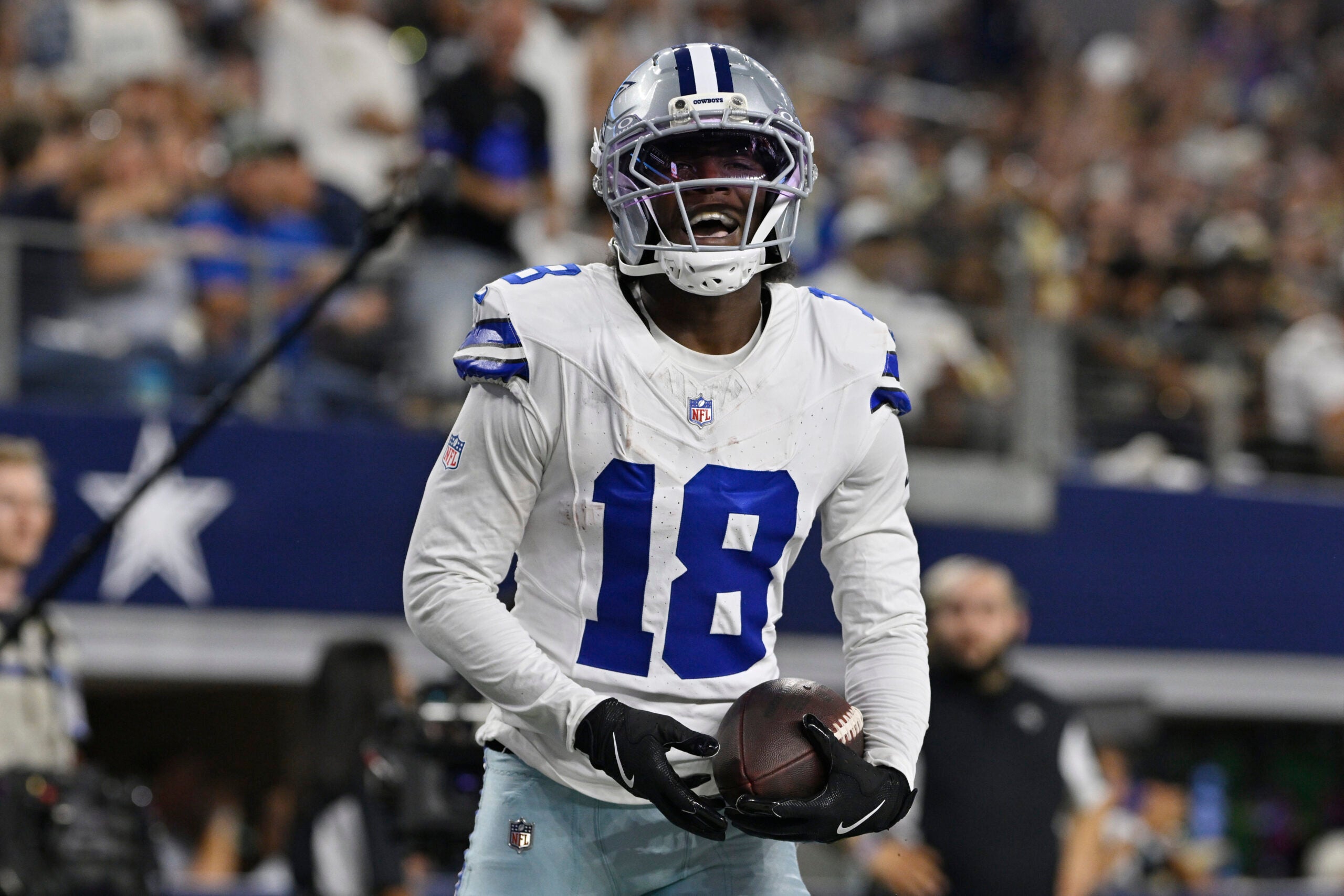 Aug 28, 2026; Arlington, Texas, USA; Dallas Cowboys wide receiver Jordan Hudson (18) celebrates after scoring a touchdown against the New Orleans Saints during the second half at AT&T Stadium.