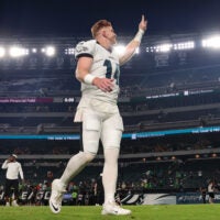 Aug 28, 2026; Philadelphia, Pennsylvania, USA; Philadelphia Eagles quarterback Andy Dalton (14) walks off the field after a loss against the Cincinnati Bengals at Lincoln Financial Field.