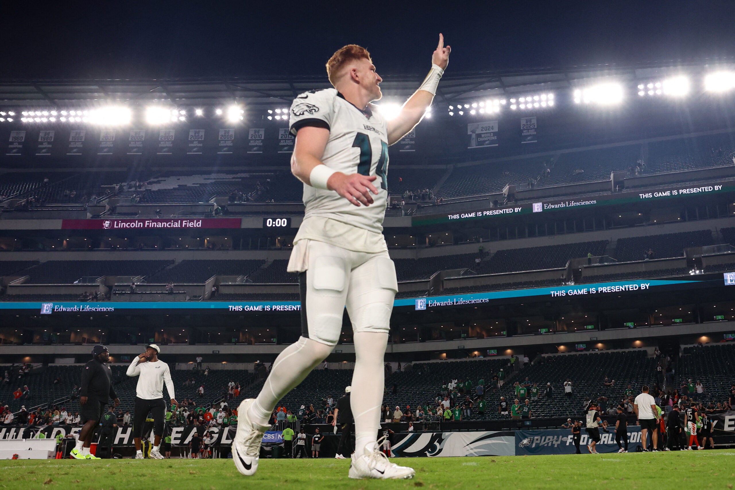 Aug 28, 2026; Philadelphia, Pennsylvania, USA; Philadelphia Eagles quarterback Andy Dalton (14) walks off the field after a loss against the Cincinnati Bengals at Lincoln Financial Field.