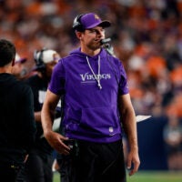 Aug 28, 2026; Denver, Colorado, USA; Minnesota Vikings head coach Kevin O'Connell reacts in the second quarter against the Denver Broncos at Empower Field at Mile High.