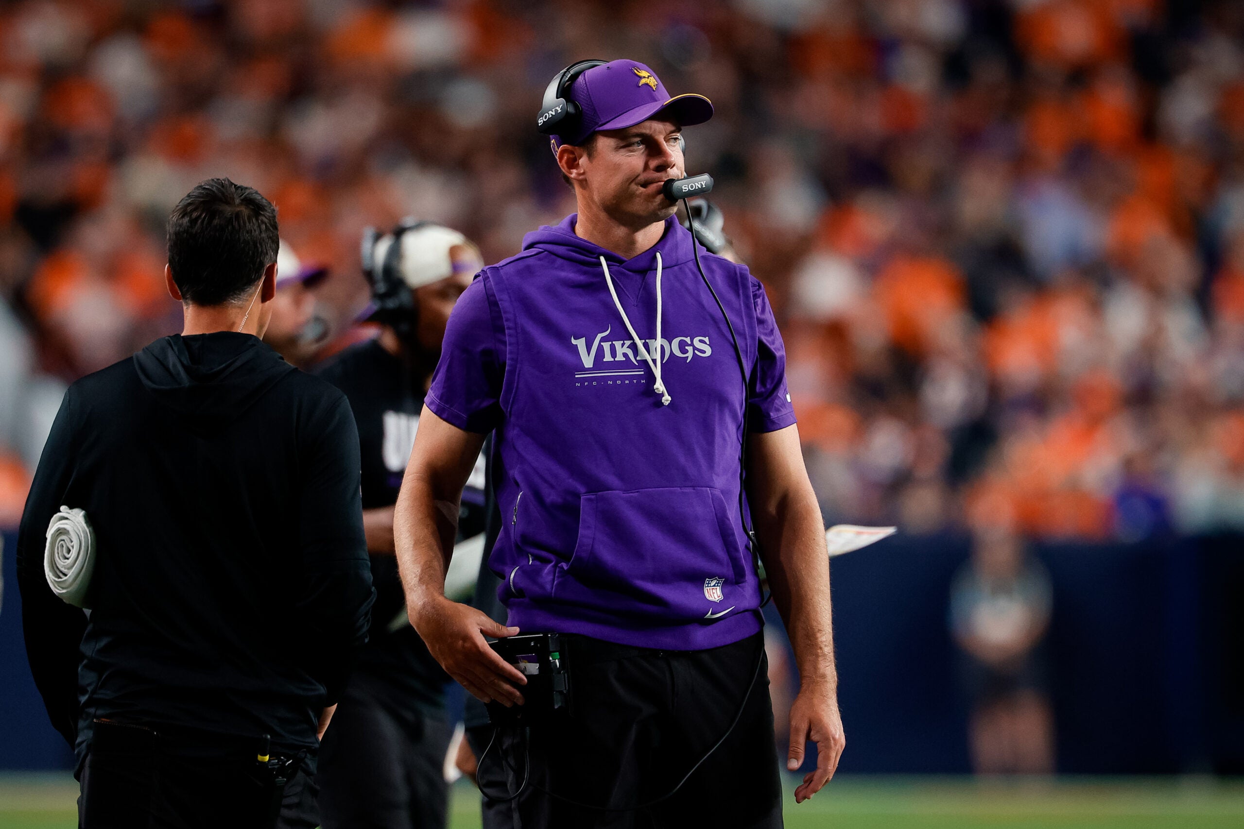 Aug 28, 2026; Denver, Colorado, USA; Minnesota Vikings head coach Kevin O'Connell reacts in the second quarter against the Denver Broncos at Empower Field at Mile High.