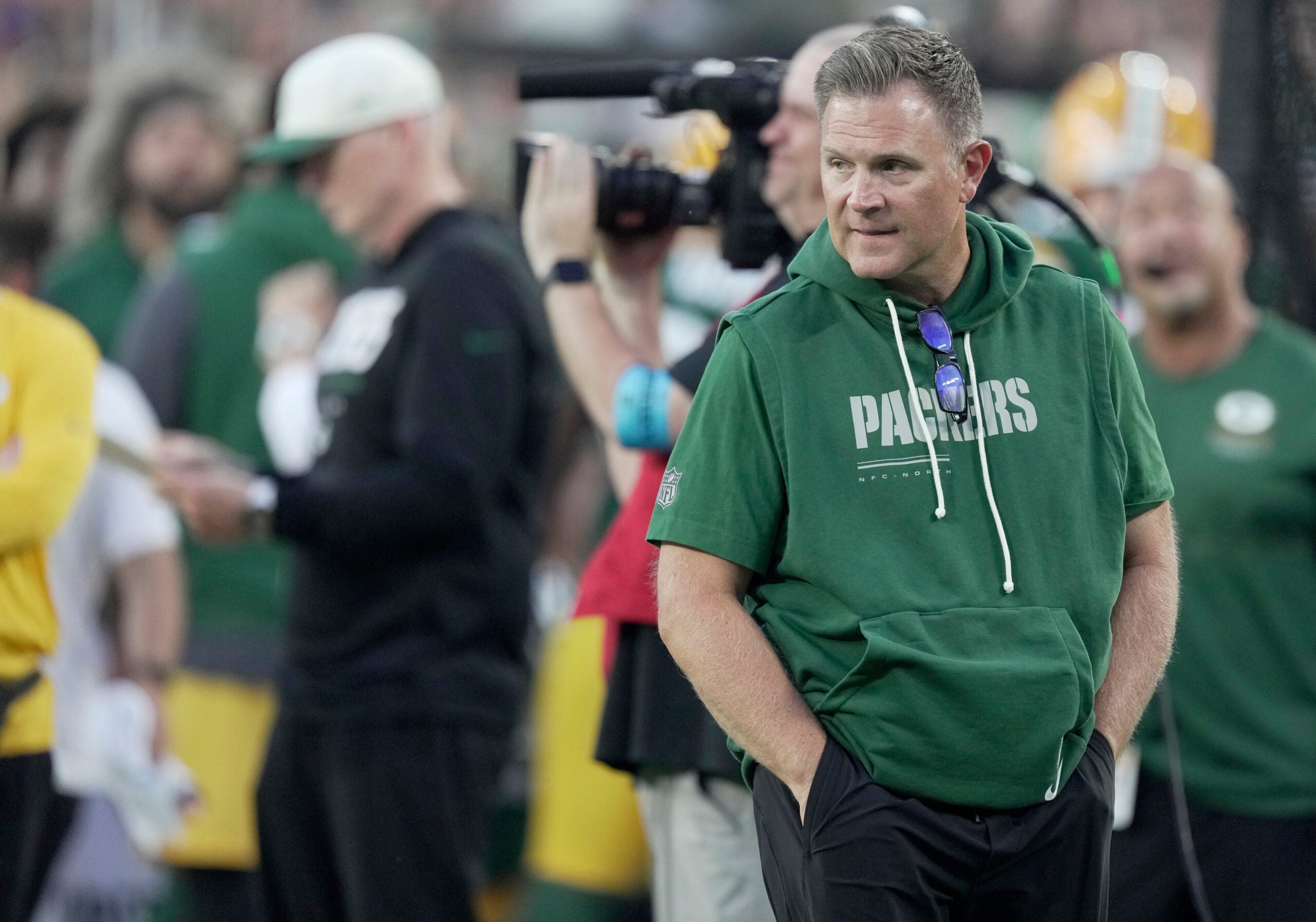 Green Bay Packers general manager Brian Gutekunst is shown during the first quarter of their preseason game against the Arizona Cardinals Friday, August 28, 2026 at Lambeau Field in Green Bay, Wisconsin.