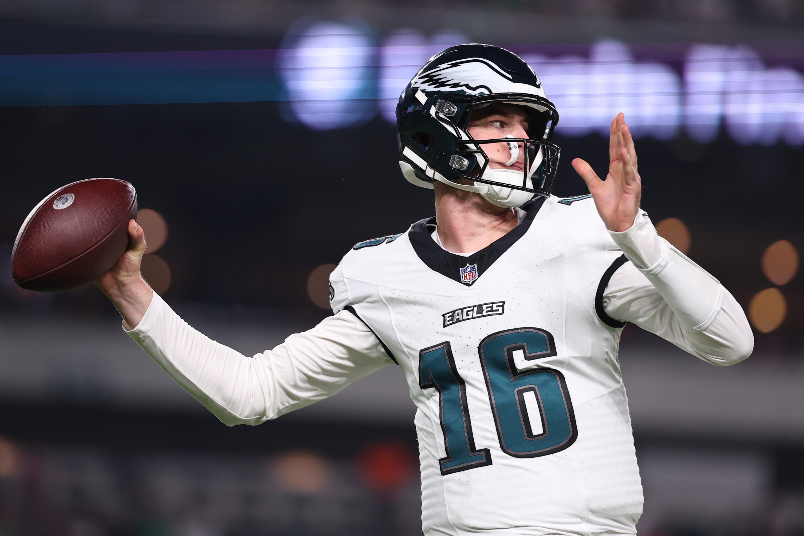 Aug 28, 2026; Philadelphia, Pennsylvania, USA; Philadelphia Eagles quarterback Tanner McKee (16) before action against the Cincinnati Bengals at Lincoln Financial Field.