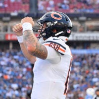 Aug 29, 2026; Nashville, Tennessee, USA; Chicago Bears quarterback Tyson Bagent (17) reacts in the second quarter against the Tennessee Titans at Nissan Stadium.