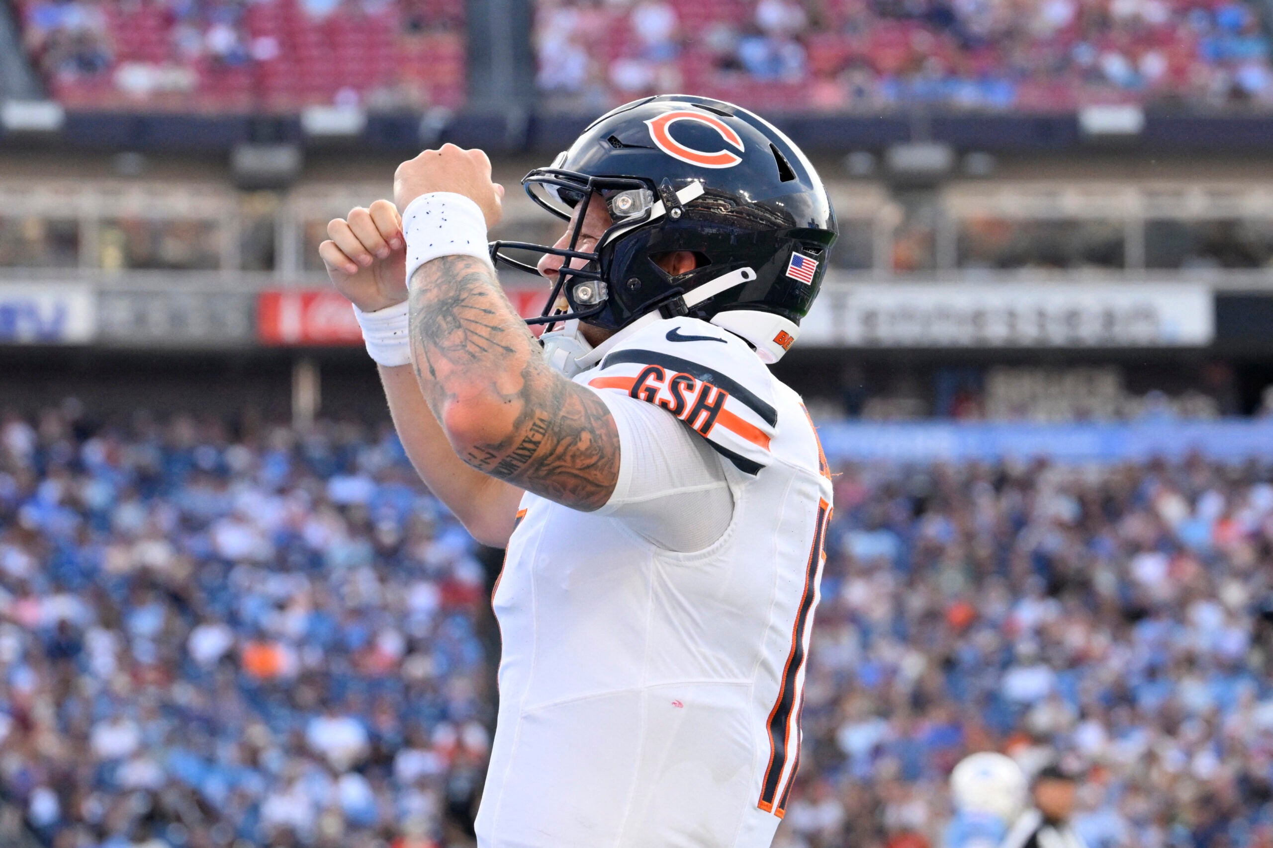 Aug 29, 2026; Nashville, Tennessee, USA; Chicago Bears quarterback Tyson Bagent (17) reacts in the second quarter against the Tennessee Titans at Nissan Stadium.
