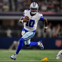 Aug 28, 2026; Arlington, Texas, USA; Dallas Cowboys quarterback Joe Milton III (10) runs with the ball during the game between the Cowboys and the Saints at AT&T Stadium.