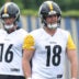 Jun 9, 2026; Pittsburgh, PA, USA; Pittsburgh Steelers quarterbacks Drew Allar (16) and Will Howard (18) participate in drills during Minicamp at UPMC Rooney Sports Complex.