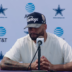 Dallas Cowboys quarterback Dak Prescott wears a hat with a portrait of his brother, Jace, during a training camp press conference.