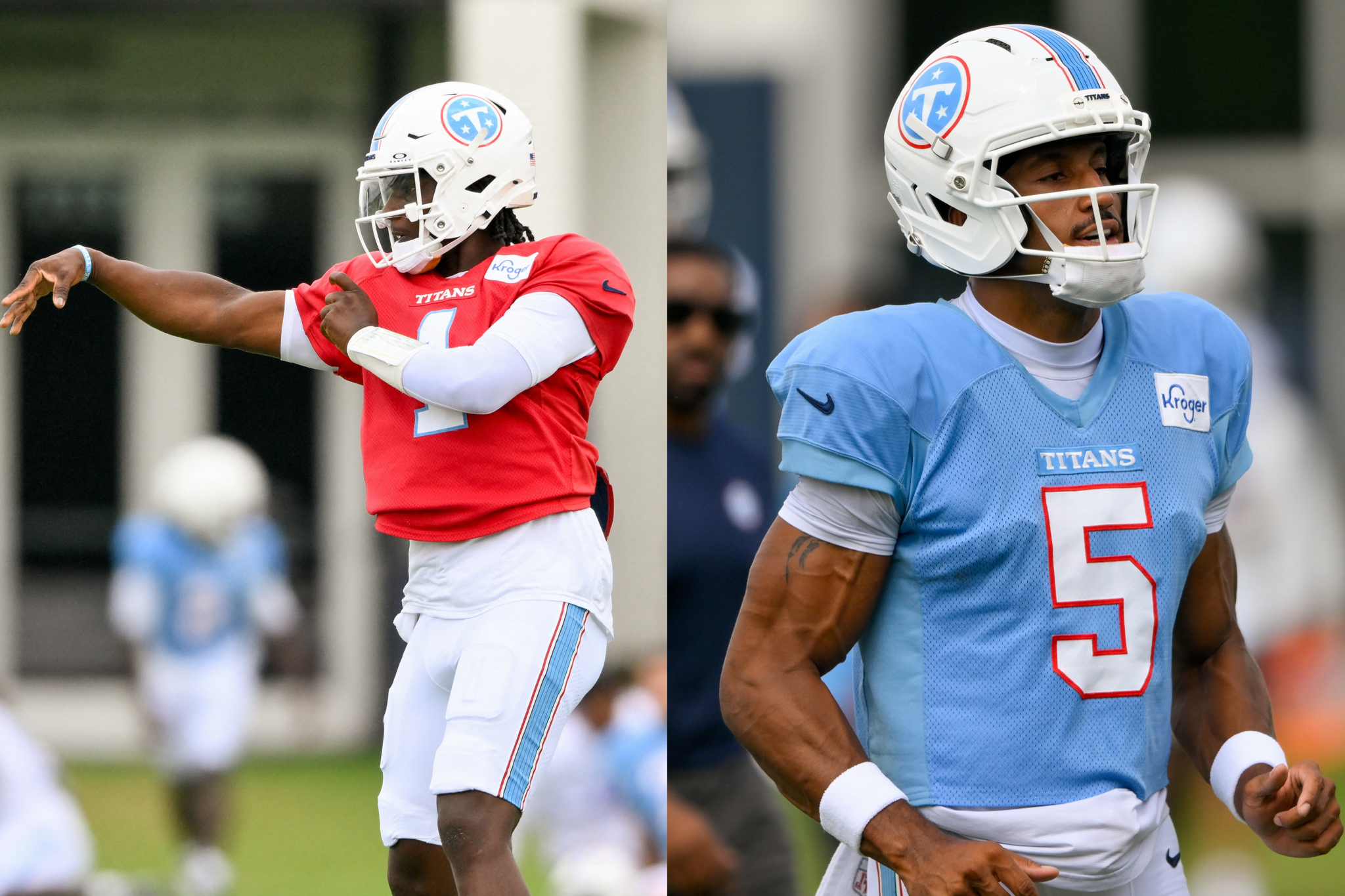 Cam Ward Elic Ayomanor Tennessee Titans Robert Saleh Training Camp