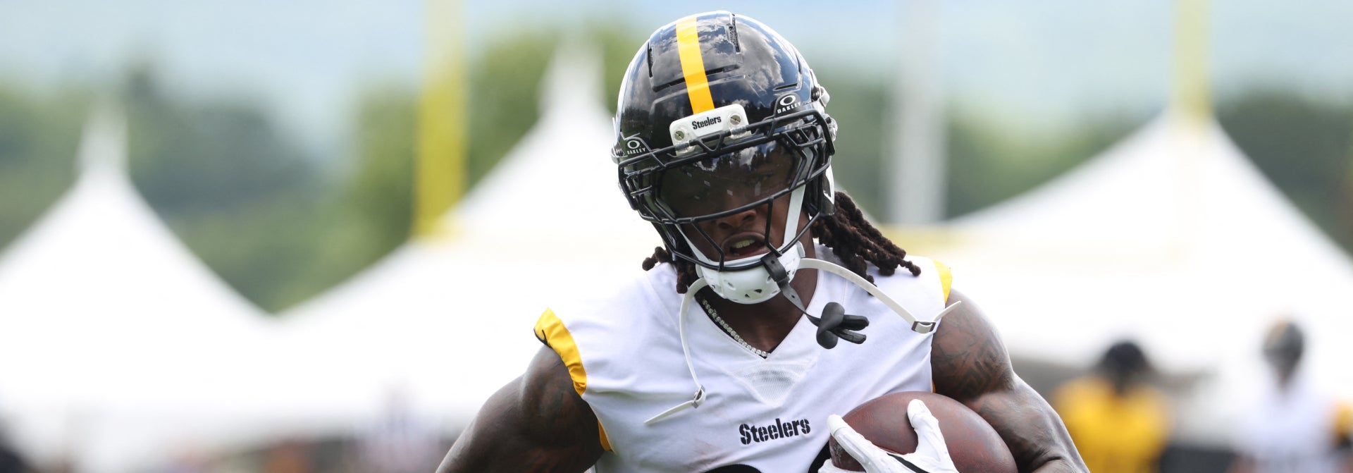 Jul 30, 2026; Latrobe, PA, USA; Pittsburgh Steelers running back Kaleb Johnson (20) participates in training camp drills at Saint Vincent College.