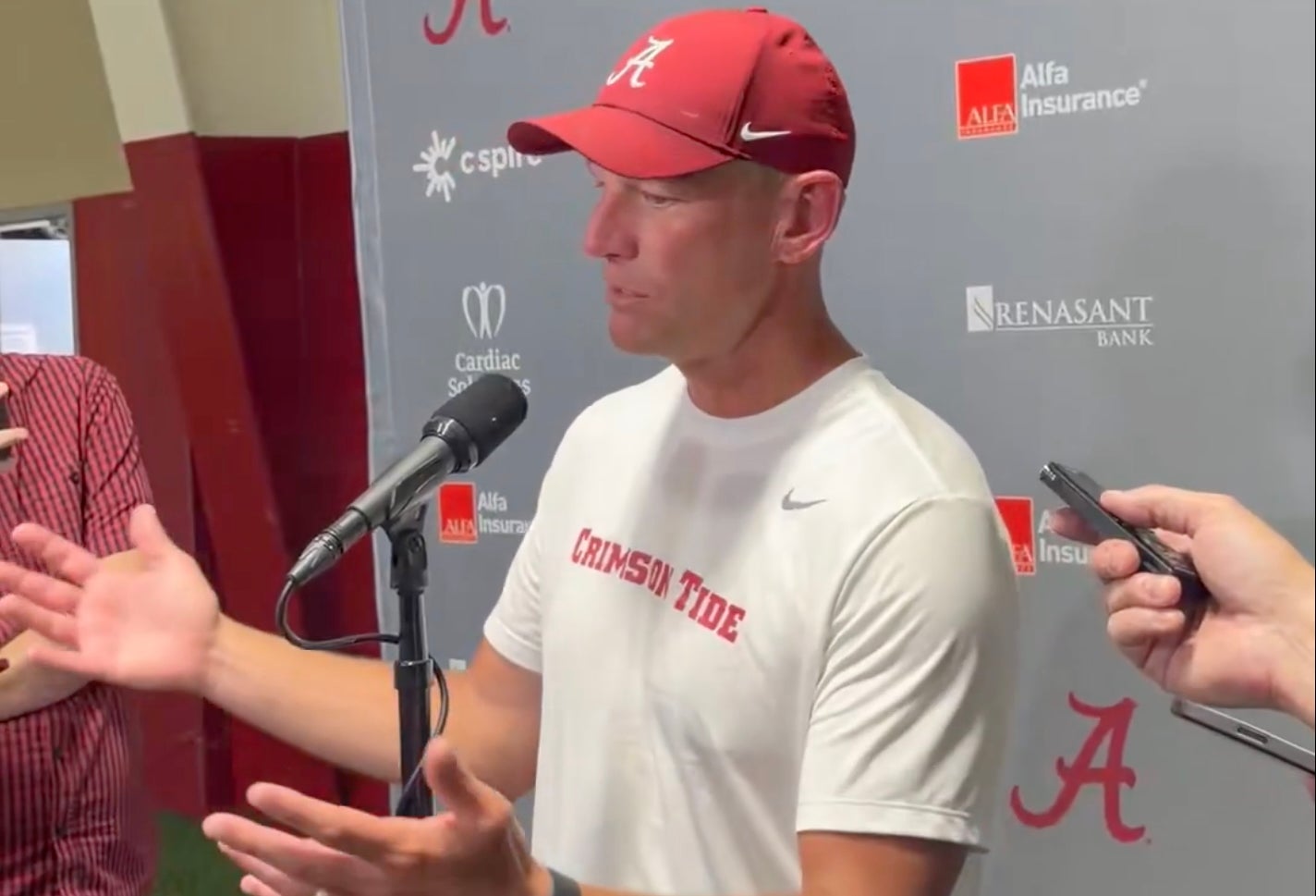 Alabama Crimson Tide head coach Kalen DeBoer speaks to the media following practice, 8/24/2026.