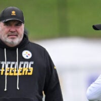 Jul 29, 2026; Latrobe, PA, USA; Pittsburgh Steelers head coach Mike McCarthy talks with Steelers General manager Omar Khan during a practice session at Saint Vincent College.
