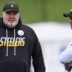 Jul 29, 2026; Latrobe, PA, USA; Pittsburgh Steelers head coach Mike McCarthy talks with Steelers General manager Omar Khan during a practice session at Saint Vincent College.