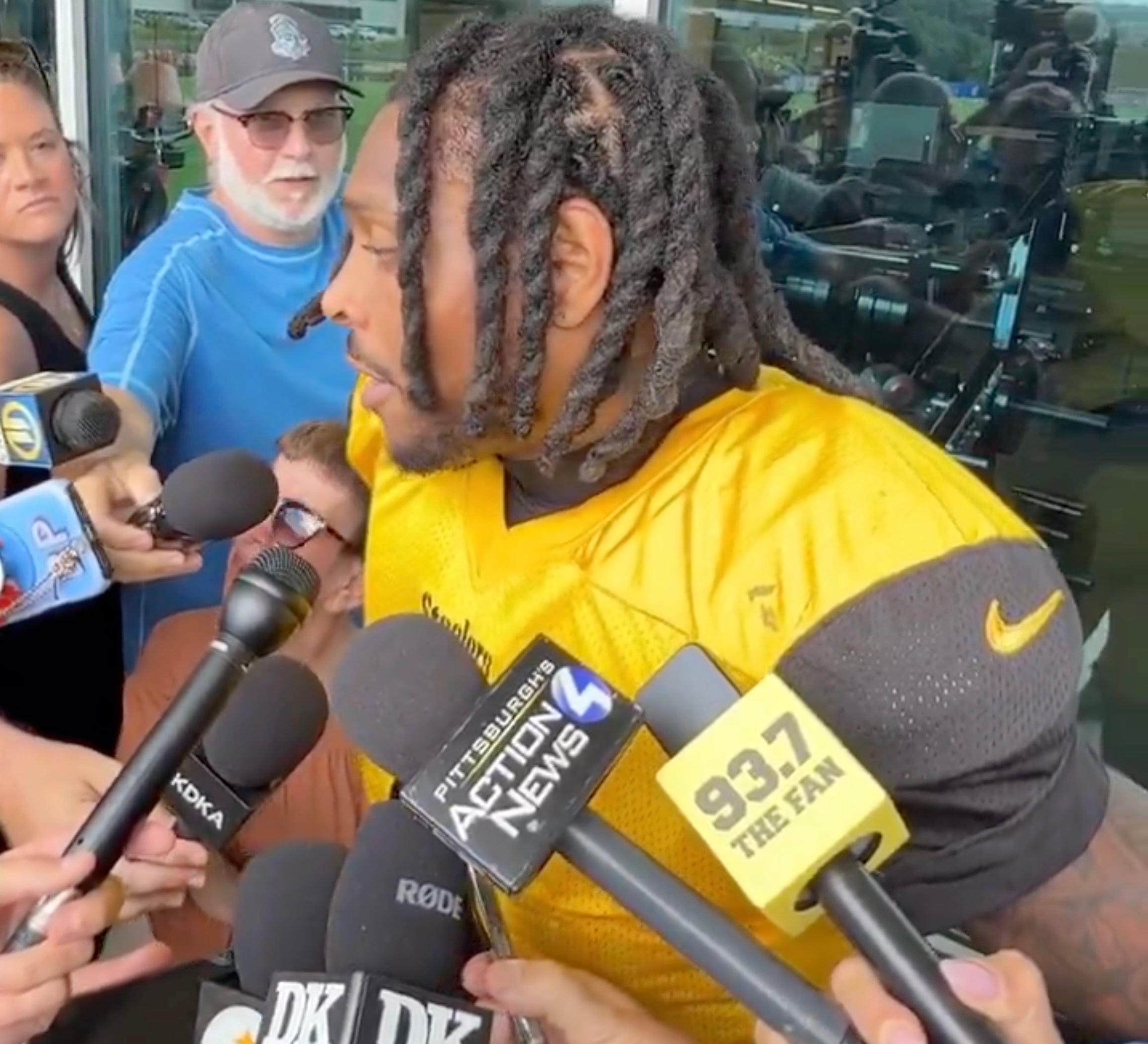 Pittsburgh Steelers defensive back Jalen Ramsey speaks to the media following his return to practice on Monday, August 24, 2026.