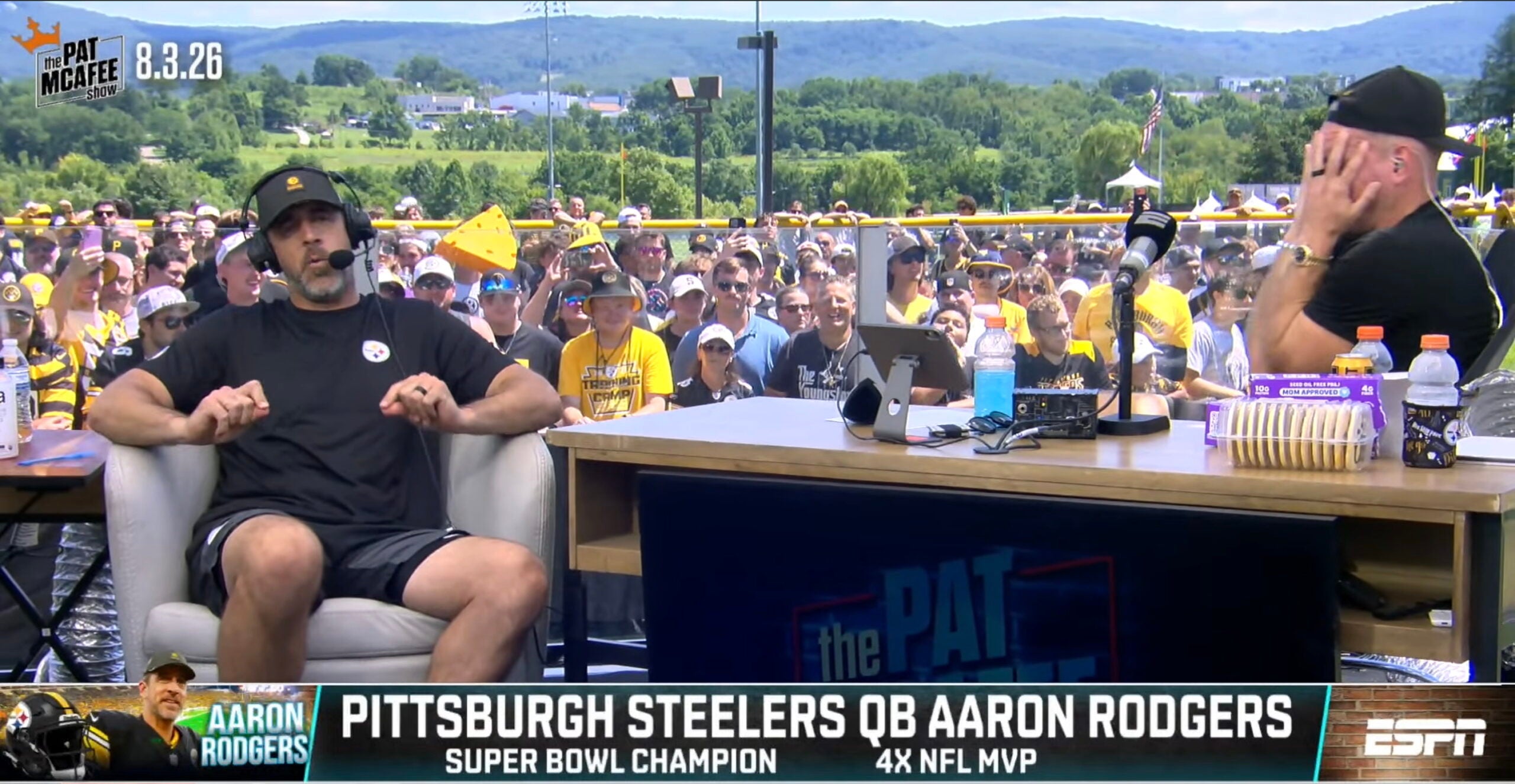 Pittsburgh Steelers quarterback Aaron Rodgers appears on the Pat McAfee show following practice on Monday, August 3rd, 2026.