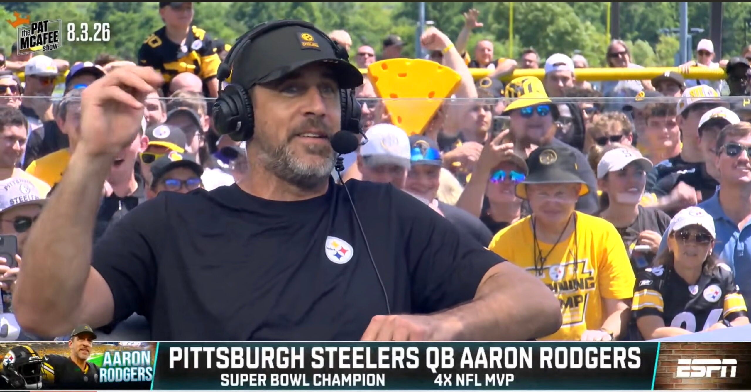 Pittsburgh Steelers quarterback Aaron Rodgers sits down with the Pat McAfee show following Steelers training camp practice, 08/03/2026.