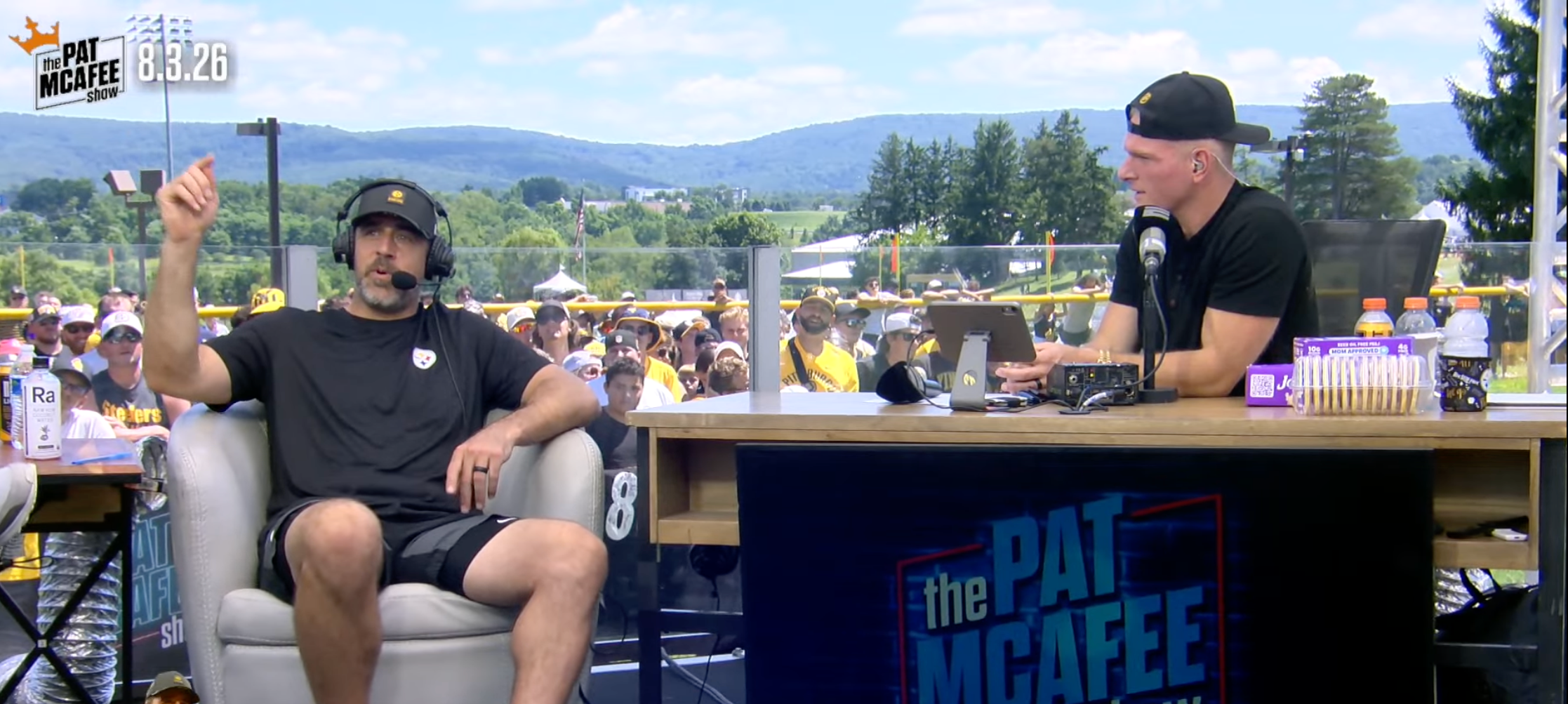 Pittsburgh Steelers quarterback Aaron Rodgers sits down with the Pat McAfee show following practice at Steelers training camp, 08/03/2026.