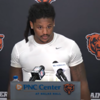 Chicago Bears linebacker Devin Bush speaks with reporters after Tuesday's training camp practice.