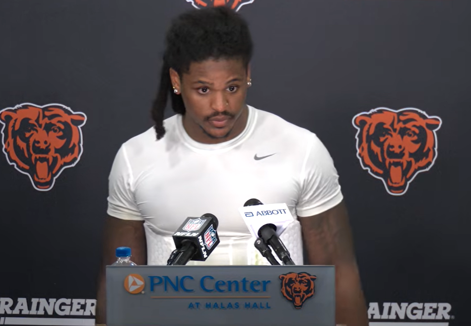 Chicago Bears linebacker Devin Bush speaks with reporters after Tuesday's training camp practice.
