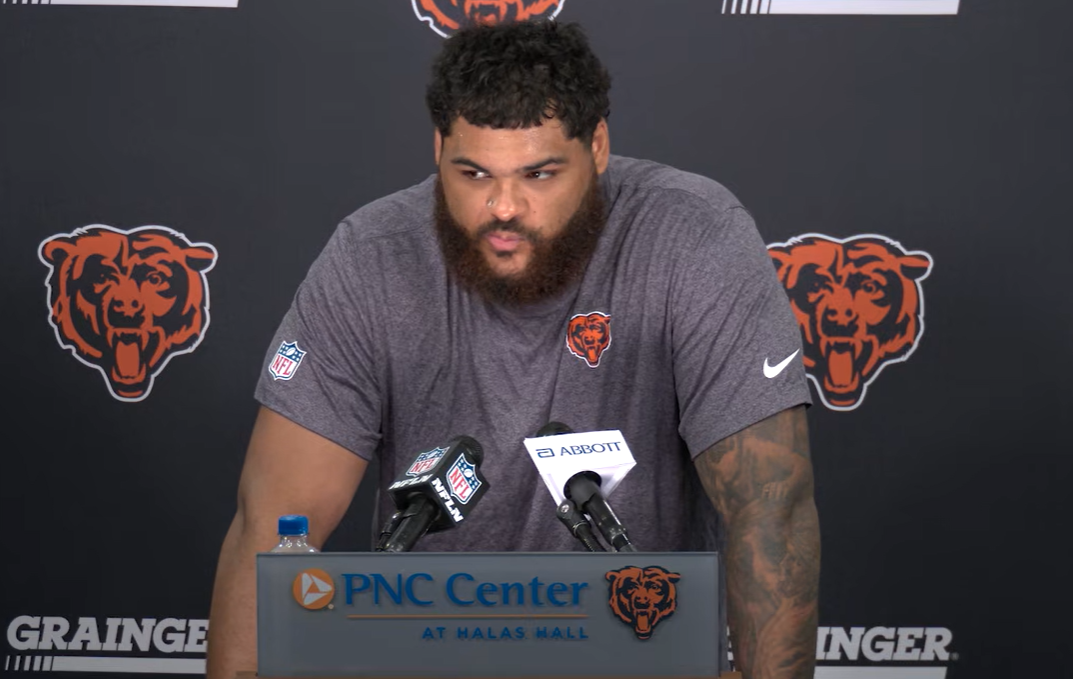 Chicago Bears right tackle Darnell Wright speaks with reporters following Wednesday's practice.