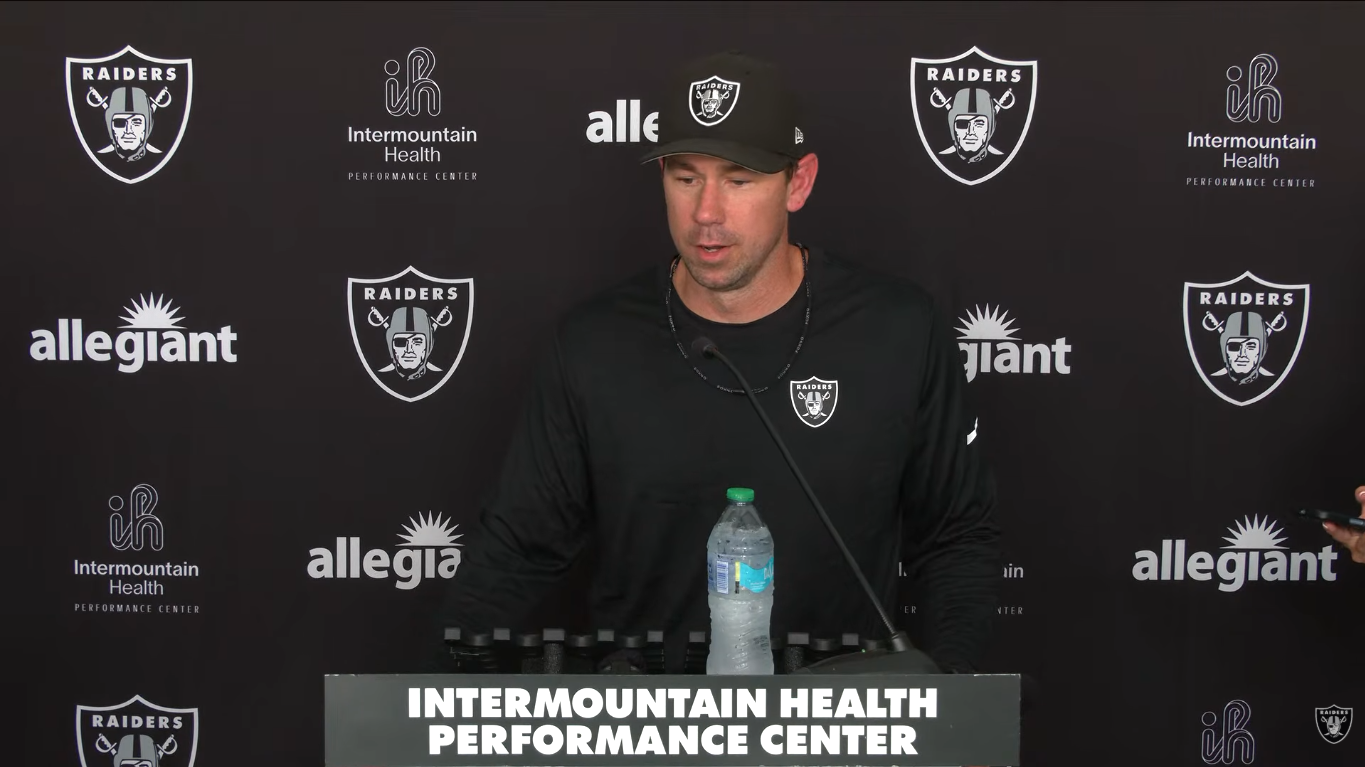 Las Vegas Raiders head coach Klint Kubiak at training camp after Day 8