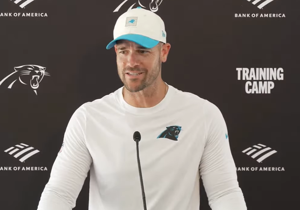 Carolina Panthers head coach Dave Canales speaks with reporters following Sunday's practice.