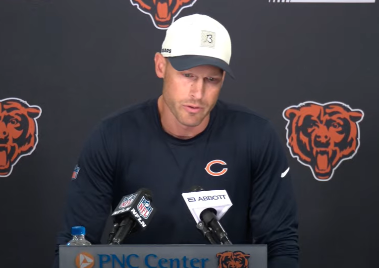 Chicago Bears head coach Ben Johnson speaks with reporters ahead of practice.