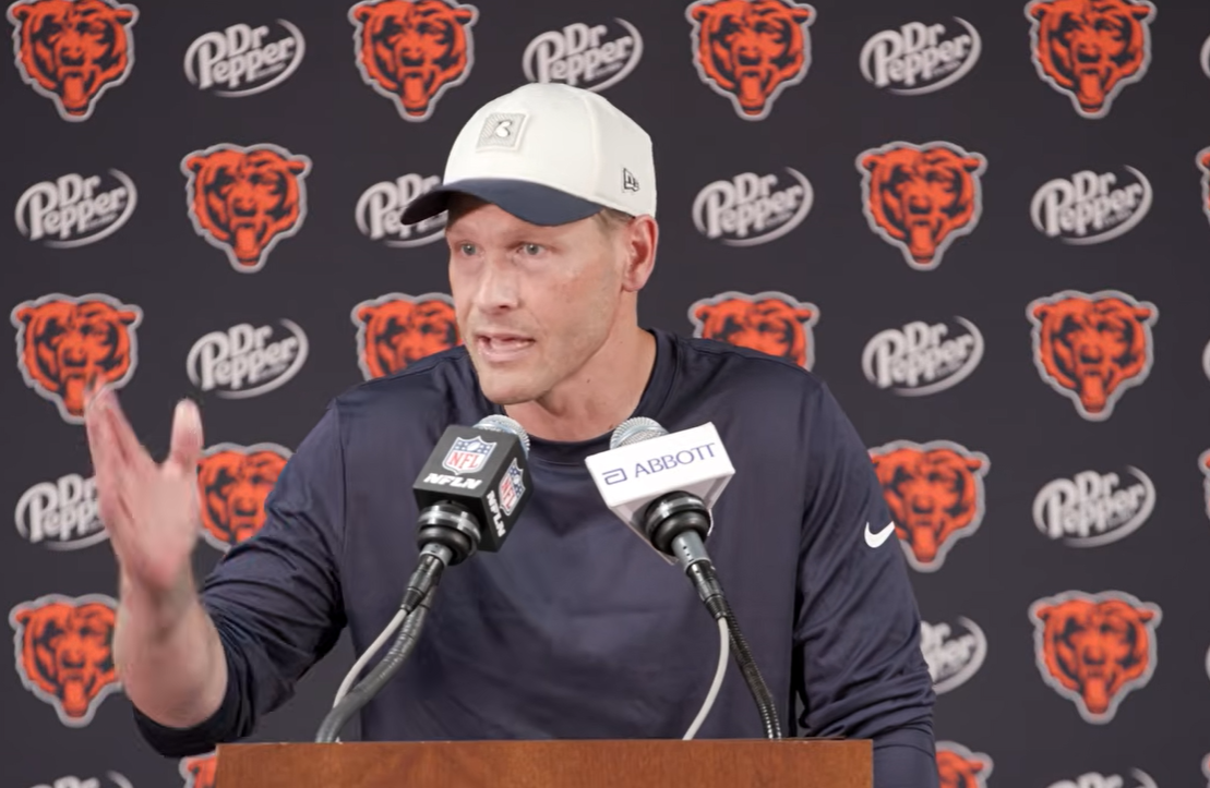 Chicago Bears head coach Ben Johnson speaks with reporters after the win over the Buffalo Bills.
