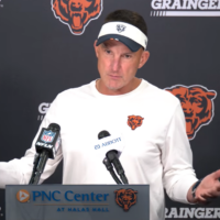 Chicago Bears defensive coordinator Dennis Allen speaks with reporters ahead of Wednesday's practice.