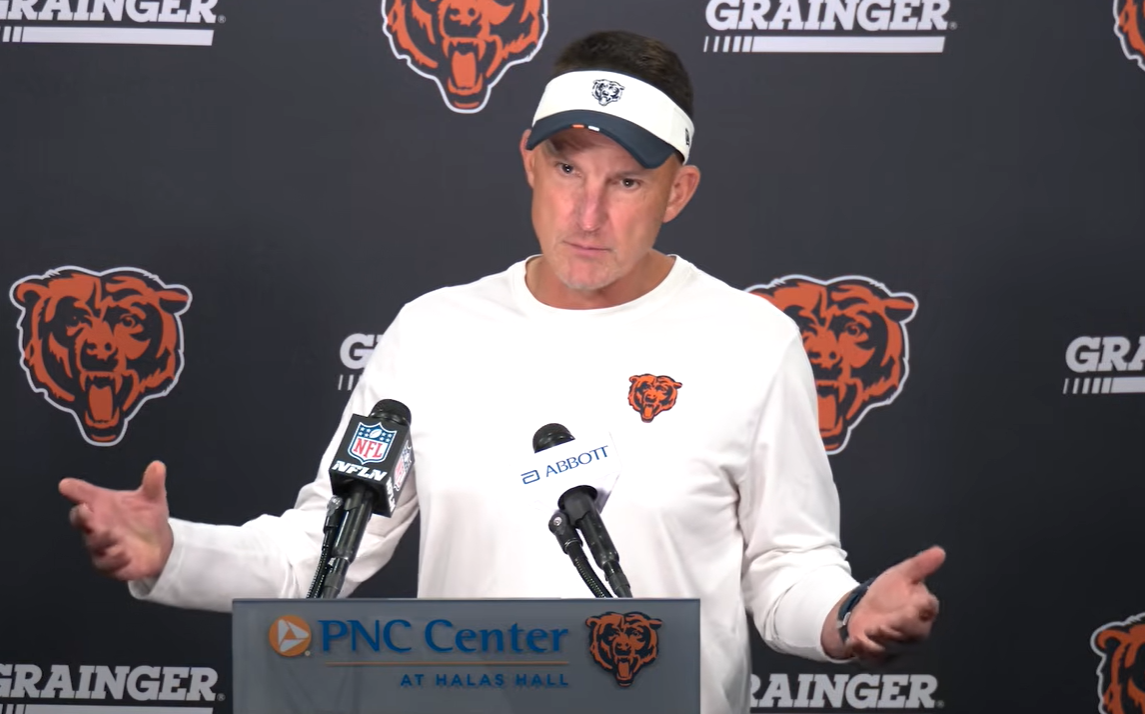 Chicago Bears defensive coordinator Dennis Allen speaks with reporters ahead of Wednesday's practice.